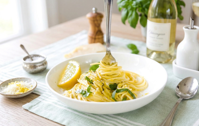 En hvit bolle med sitronpasta og basilikum på et dekket bord med hvitvin, salt og parmesan.