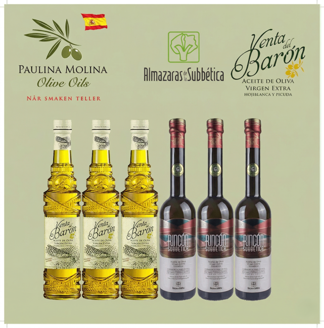 Et produktbilde som viser en premium olivenoljepakke fra Paulina Molina. Bildet er satt mot en lys salviegrønn bakgrunn med en tynn kant. Øverst til venstre vises det grønne 'PAULINA MOLINA Olive Oils' olivenbladlogoen med det lille spanske flagget, og under den står teksten 'NÅR SMAKEN TELLER' i rødt. Øverst til høyre er begge originalene logoene plassert side om side: 'Almazaras de la Subbética' og den elegante 'Venta del Barón' script-logoen med teksten 'ACEITE DE OLIVA VIRGEN EXTRA HOJIBLANCA Y PICUDA'.  Midt i bildet står seks olivenoljeflasker i en ryddig rad. Til venstre står tre identiske flasker av 'Venta del Barón' (Venta del Baron), som har en distinkt, dekorativ glassflaske og en detaljert etikett. Til høyre står tre identiske flasker av 'Rincón de la Subbética' (Rincon de la Subbetica), som har en glatt, mørk glassflaske og en flerfarget etikett. Alle seks flaskene er 500ml, fulle og vises fra en litt lav vinkel forfra, helt i fokus. Belysningen er ren og jevn, noe som gjør alle etiketter og flaskedetaljer klare. Perspektivet er frontalt og ordentlig, og presenterer et komplett og balansert sett.