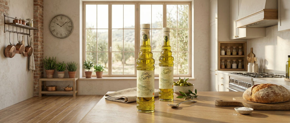 To flasker prisvinnende Venta del Barón extra virgin olivenolje står sentralt på en kjøkkenbenk av tre i et lyst, skandinavisk inspirert kjøkken. Bakgrunnen viser et vakkert vindu med utsikt over en olivenlund. Til høyre ligger et ferskt surdeigsbrød og en skål med havsalt, og til venstre henger kobberkjeler. Naturlig dagslys lyser opp scenen.